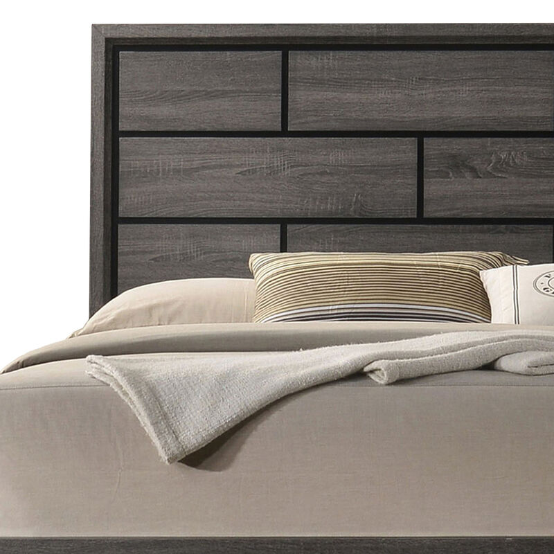 Erica Queen Size Bed, Gray, Black Wood Finish, Panel Style Headboard - Benzara