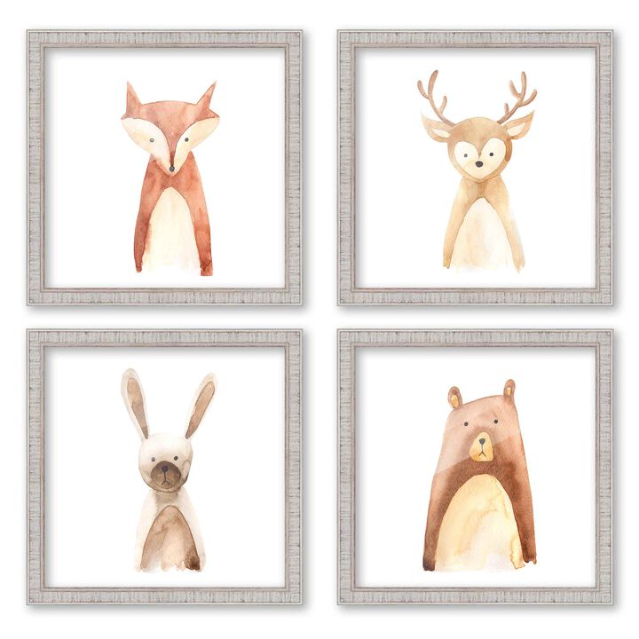 10x10 Framed Nursery Wall Art Set of 4 Watercolor Woodland Animal Prints in Rustic White Wood Frames