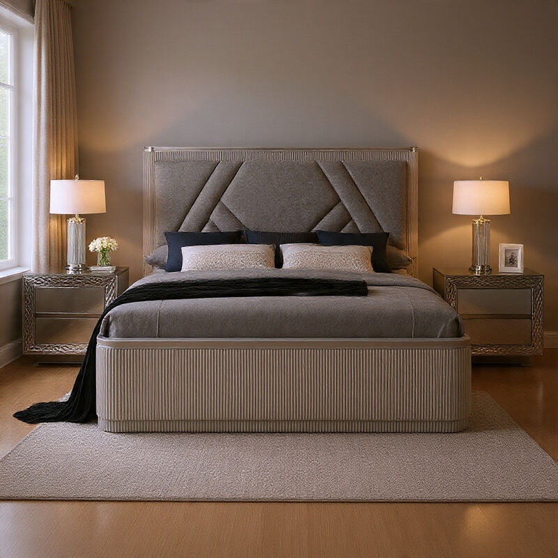 Queen Bedroom Set, Gray, Silver Wood, 3 Piece Set with 2 Nightstands image number 1