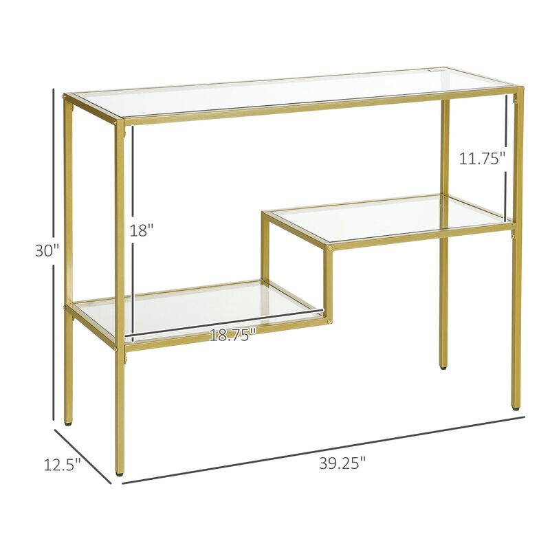 Gold Console Table, 39" Tempered Glass Sofa Table, Narrow Entryway Table with Storage Shelves, Steel Frame for Living Room, Hallway