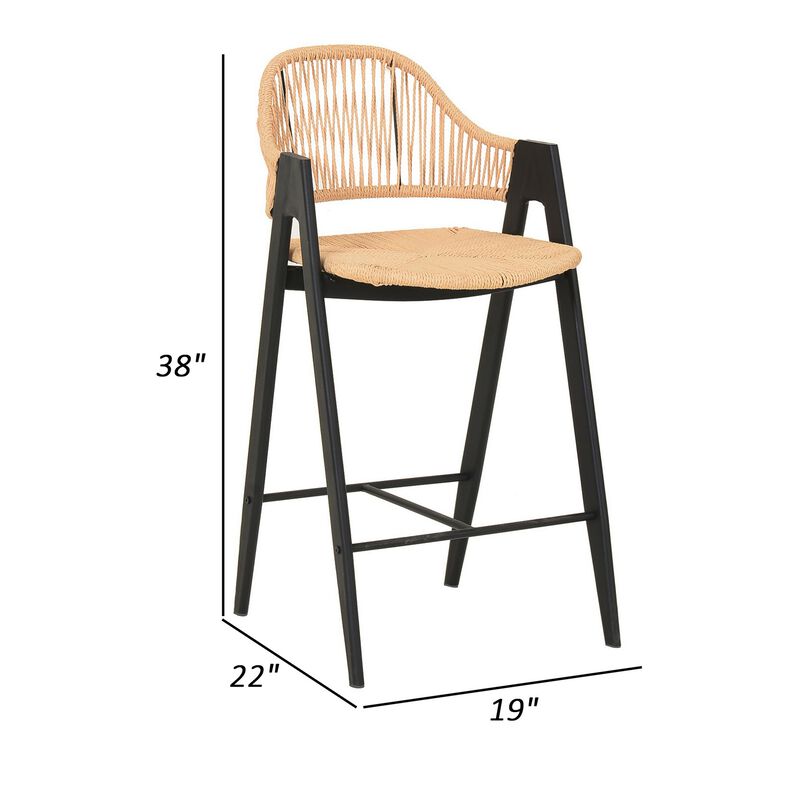 26 Inch Counter Stool Chair Set of 2, Woven Back, Iron Frame, Rattan, Beige - Benzara