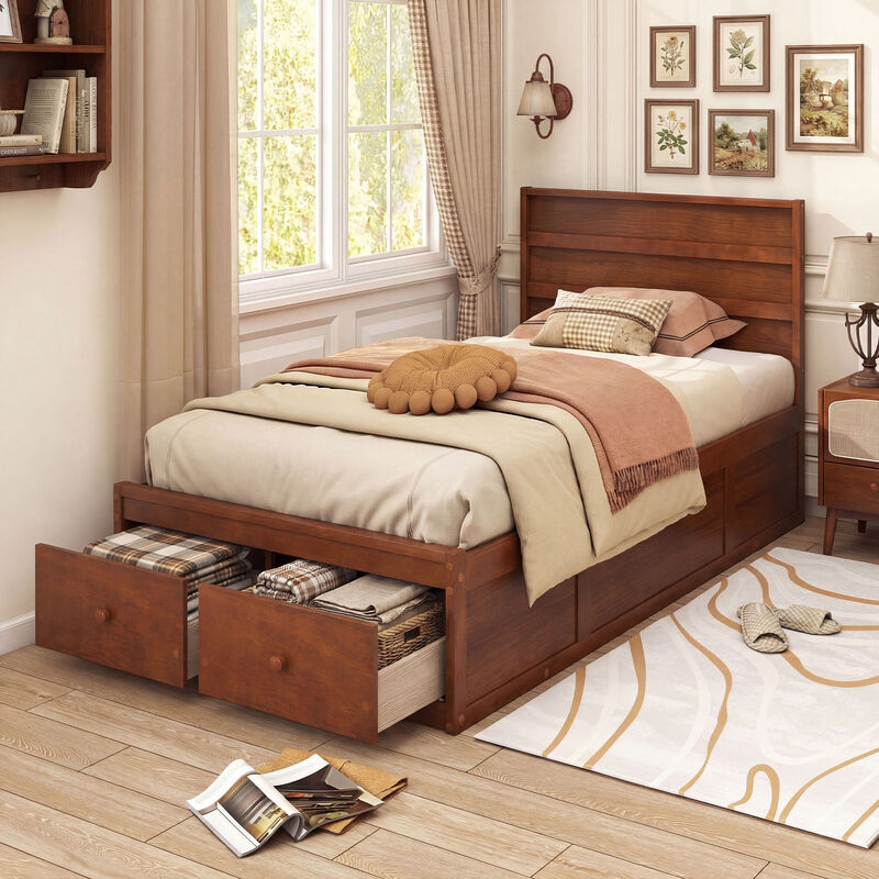 Twin Platform Bed Frame with Built-In Storage Drawers and Headboard image number 3