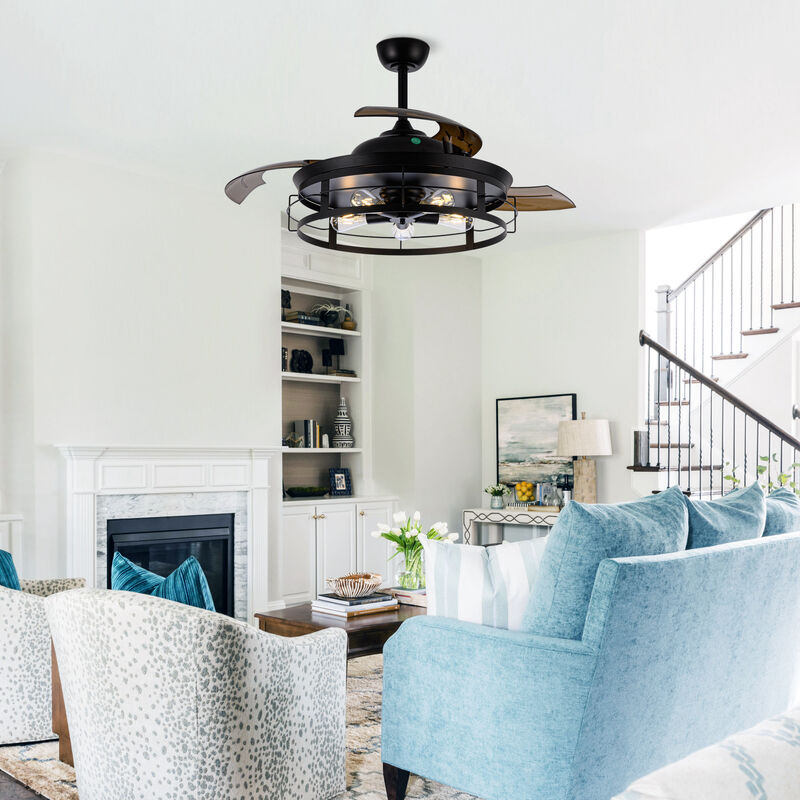 52" Industrial Retractable 3-Blade Ceiling Fan Chandelier with Remote