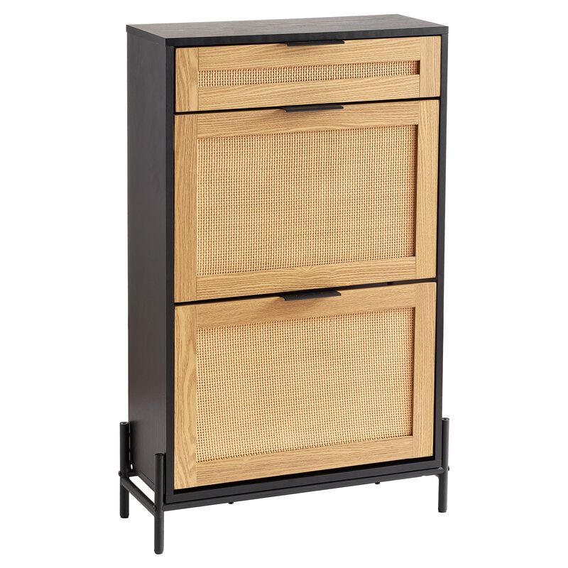 Slim Rattan Shoe Cabinet with 2 Flip Drawers and 1 Slide Drawer for Entryway