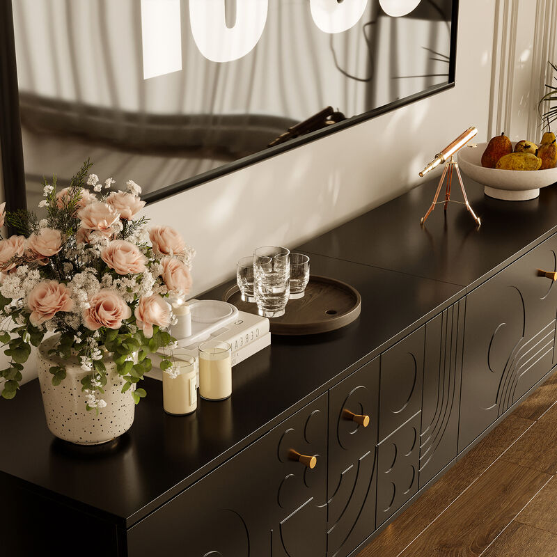 FUFU&GAGA Modern TV Stand with Large Storage Capacity, Formed Geometric Embossing and Gold Conical Handles, (78.7 in. W x 15.7 in. D x 22 in. H), Black