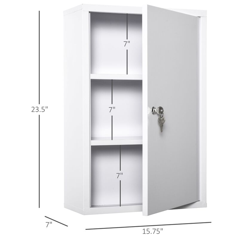 White Medicine Cabinet: 24x16 Steel Wall Mount with 3-Tier Storage
