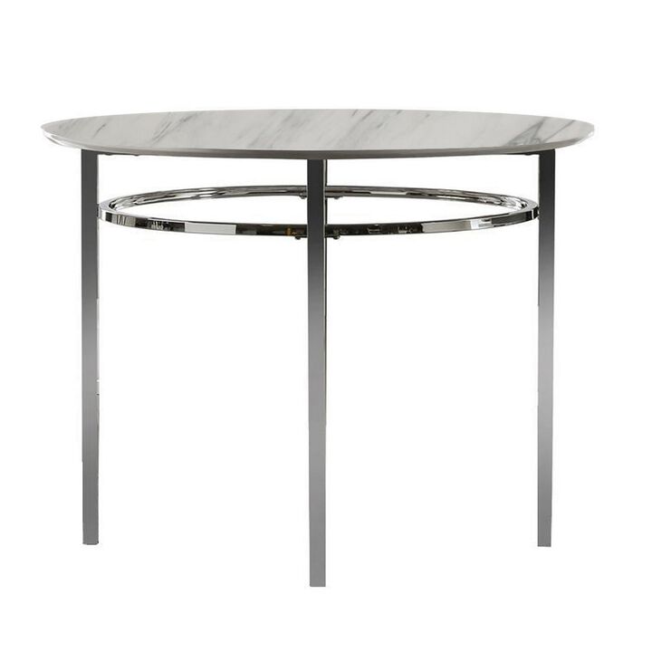 Contemporary Round Dining Table with Faux Marble Top, White and Chrome-Benzara