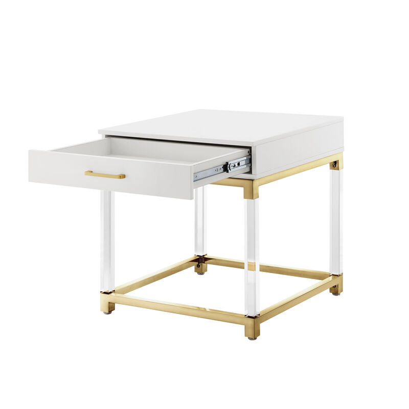 HomeRoots 24" Wood Acrylic and Stainless Steel Square End Table With Drawer image number 3
