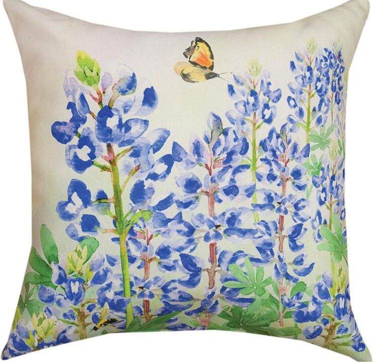 18" White and Blue Floral Outdoor Patio Square Throw Pillow