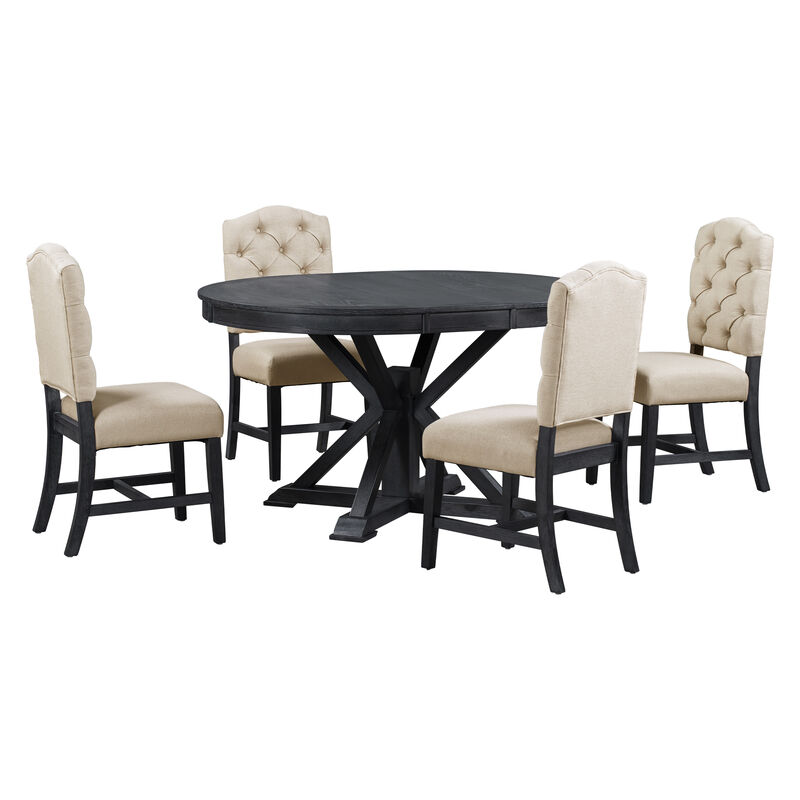 Whisen Retro Style Dining Table Set with Extendable Table and 4 Upholstered Chairs - Off-white