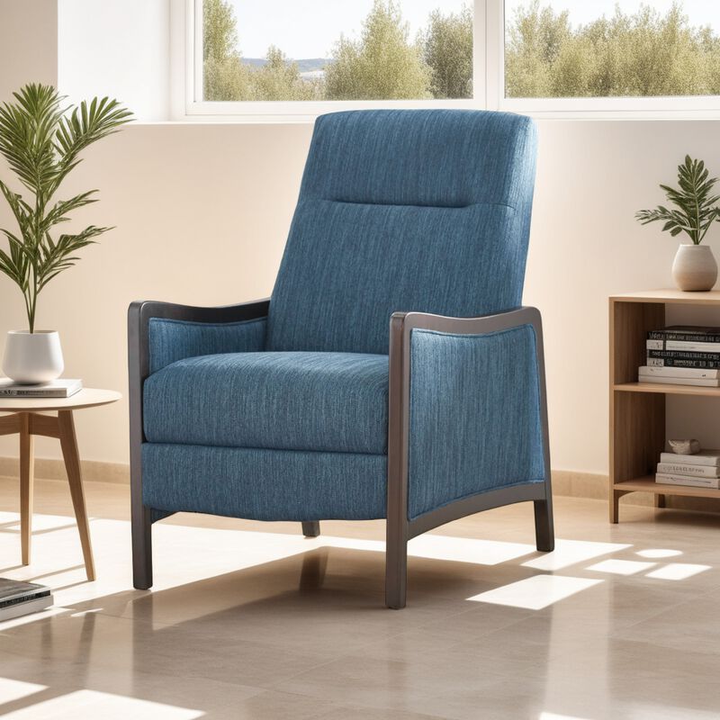 Reina Push Back Recliner Chair, Brown Birch Wood, Navy Blue Fabric - Benzara