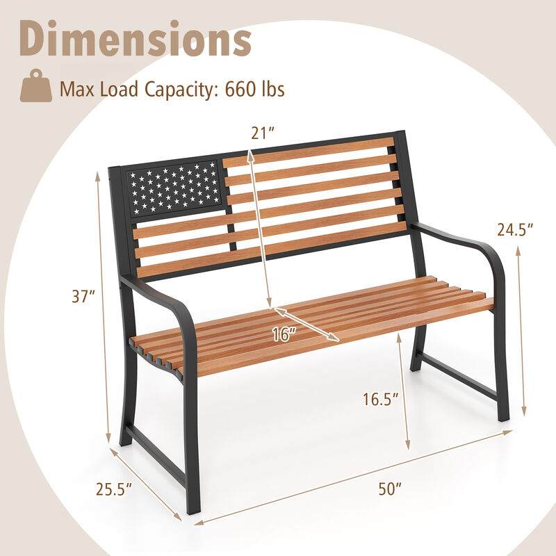 Outdoor Patio Bench with Rustic Flag Back Design and Faux Wood Texture