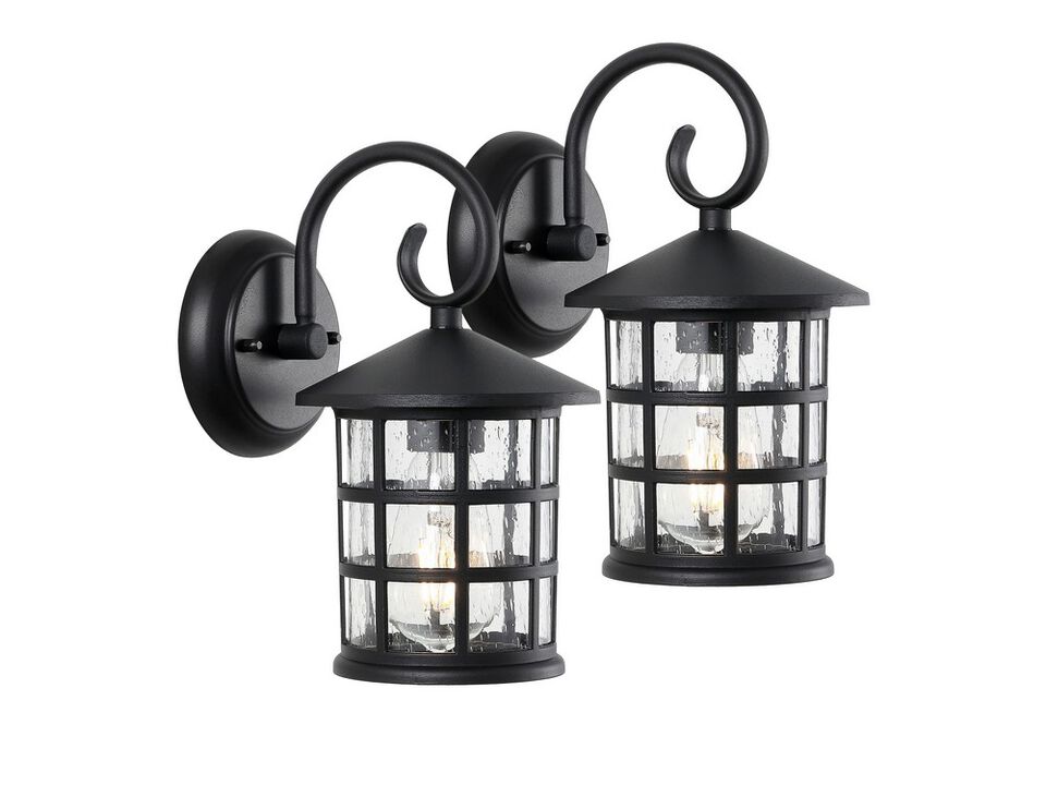 Cadiz 1-Light Iron/Seeded Glass Cottage Rustic Scrolled Lantern LED Outdoor Sconce