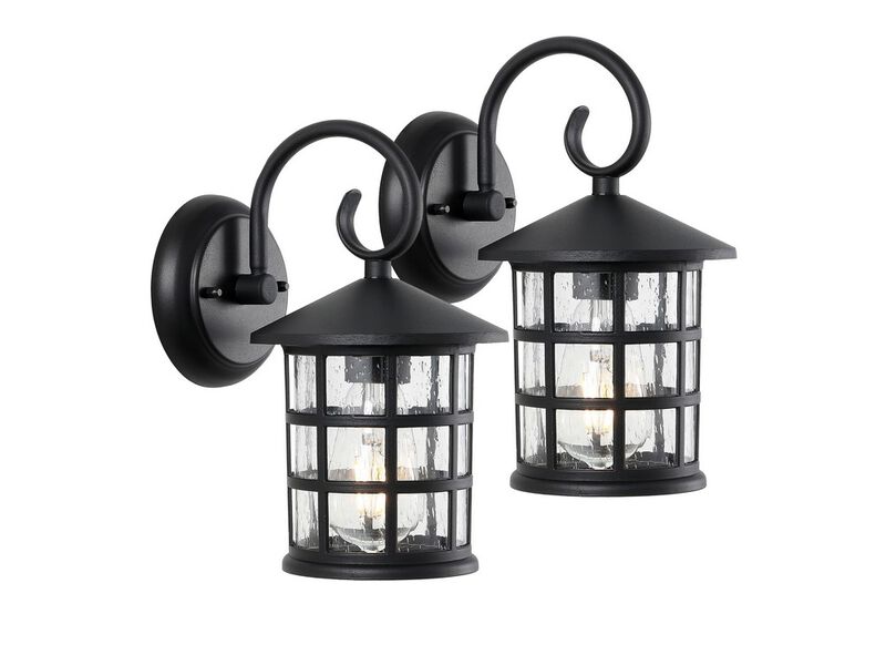 Cadiz 1-Light Iron/Seeded Glass Cottage Rustic Scrolled Lantern LED Outdoor Sconce