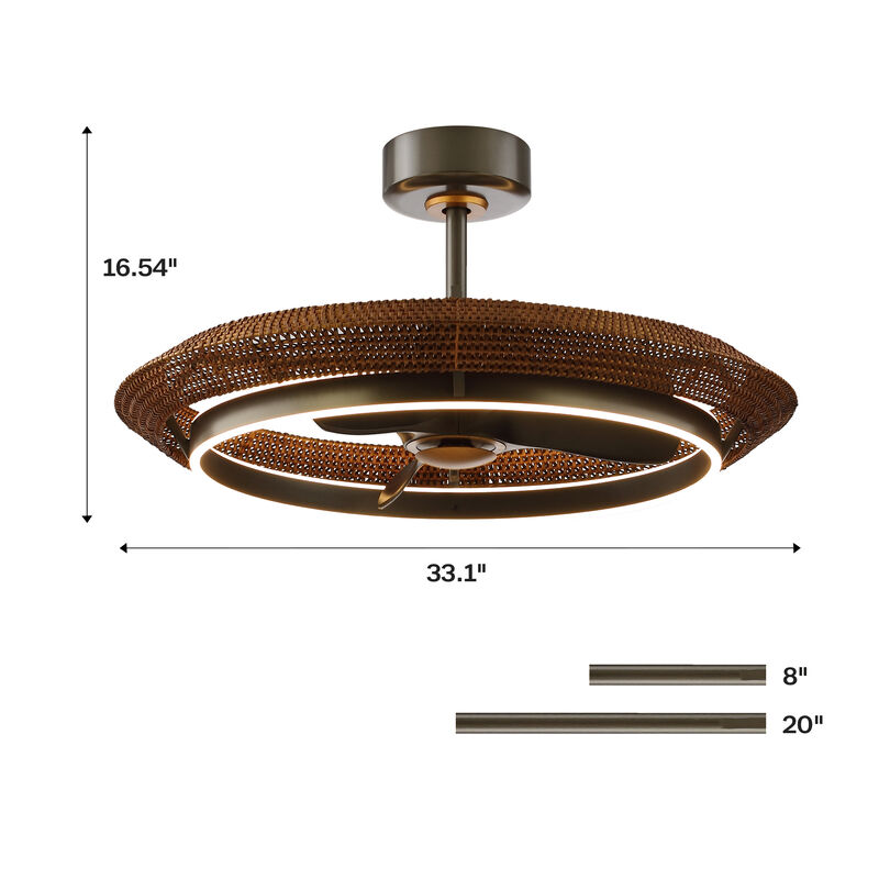 33.1" Farmhouse Graphite Silver Rattan Caged Dimmable Ceiling Fan with Light and Remote