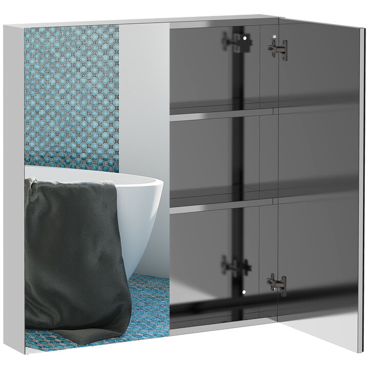 Wall-Mount Mirror Vanity Bathroom Stainless Steel w/Door Shelves, Silver 24"x26"