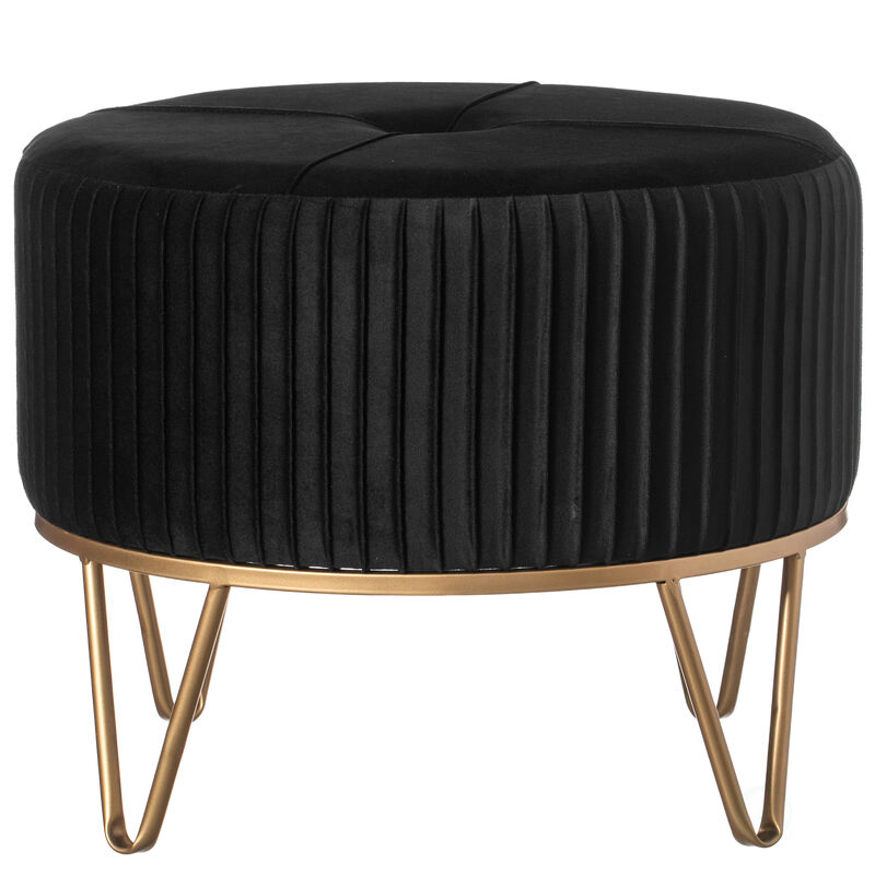 Round Velvet Ottoman Stool Raised with Hairpin Gold Base, Black, Medium