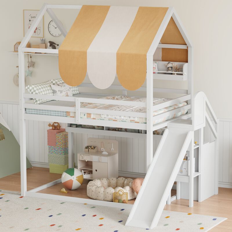 Merax Full Size White Loft Bed with Playhouse Canopy, Slide & Built-In Bookshelves image number 3