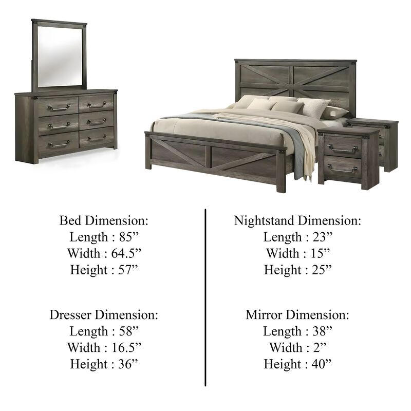 Bry 5pc Farmhouse Queen Complete Bedroom Set, Rustic Gray, 2 Nightstands image number 5