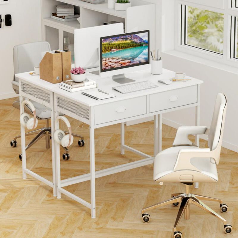 Space-Saving Home Office Desk with 2 Fabric Drawers and 4 Hanging Hooks for Storage