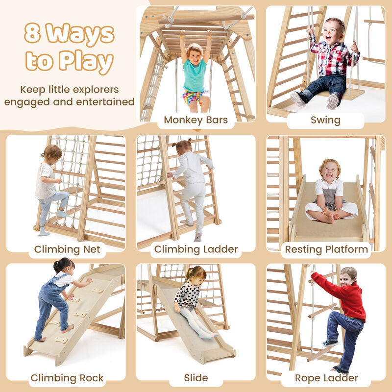 8-in-1 Kids Jungle Gym Montessori Wooden Playset with Slide & Monkey Bar Ages 3-5 Years image number 3