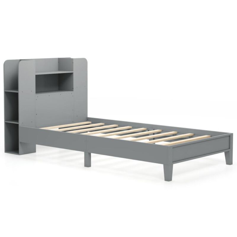 Hivvago Twin Size Wooden Platform Bed Frame with Bookcase Headboard