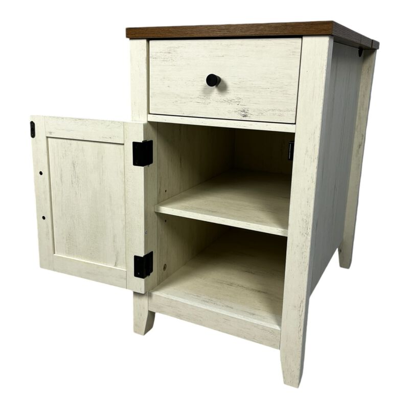 Streamdale Farmhouse End Table with Barn Door & Drawer, Charging Station