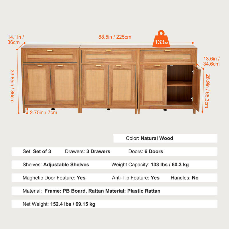 Set of 3 Rattan Buffet Cabinets with 6 Doors and Adjustable Shelves for Home Storage