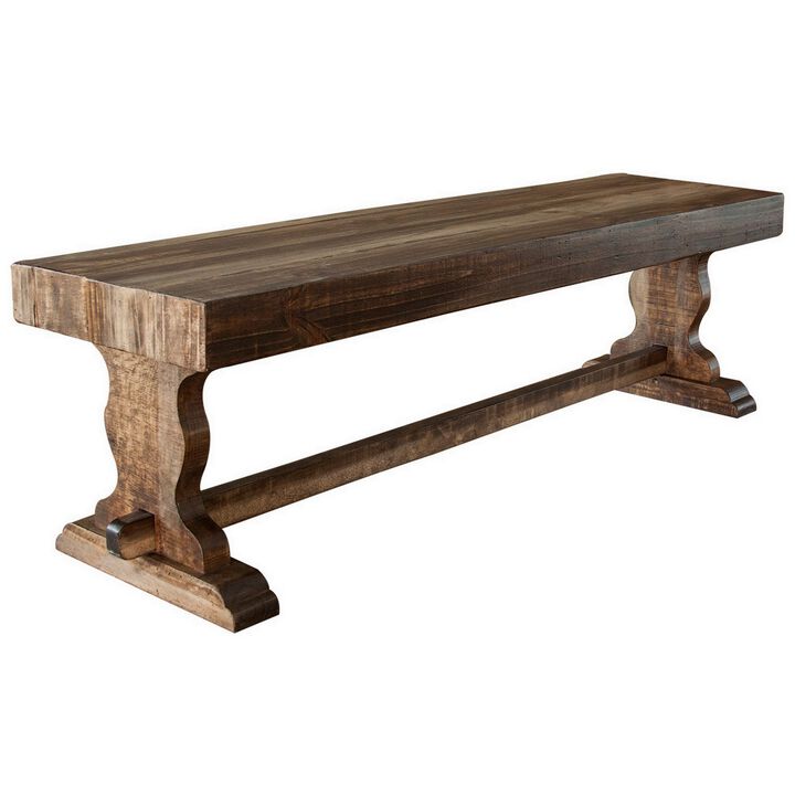 Ebb 70 Inch Wood Bench with Lacquered Finish, Solid Pine Wood, Light Brown-Benzara