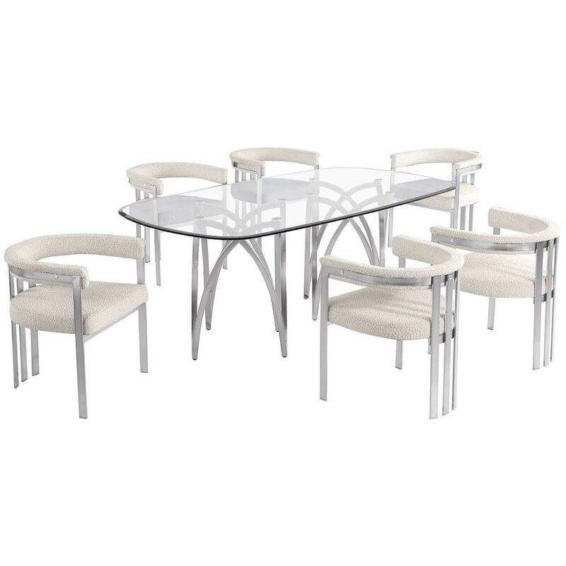 Best Quality Furniture 7Pc Tempered Glass Dining Table Set With 6 Cream With Matte Silver Side Chairs