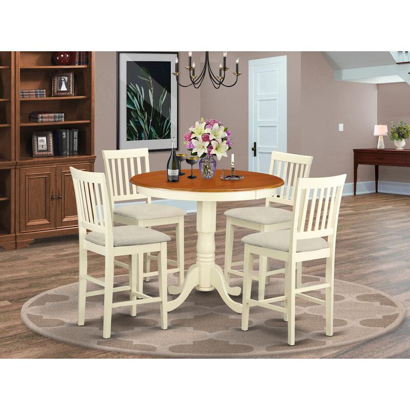 East West Furniture JAVN5-WHI-C 5 Pc counter height Dining room set - Dinette Table and 4 bar stools.