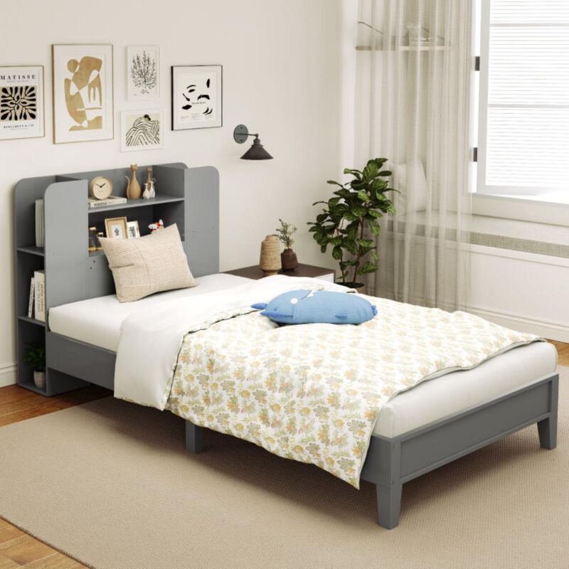 Hivvago Twin Size Wooden Platform Bed Frame with Bookcase Headboard