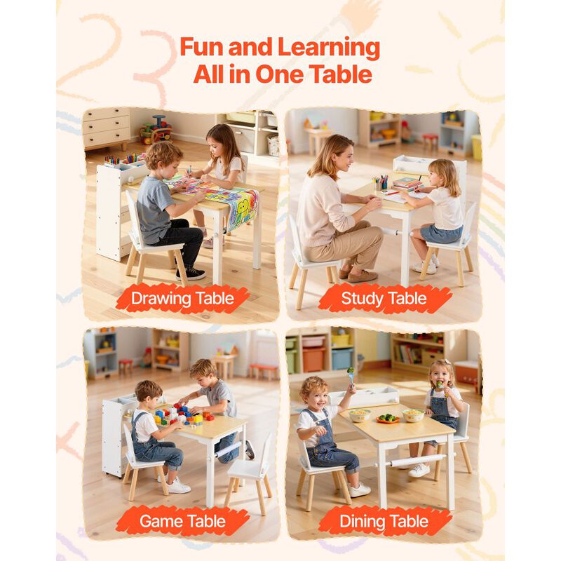 Kids Play Table with 2 Chairs and 3-Tier Storage for Art and Study Activities-White image number 7
