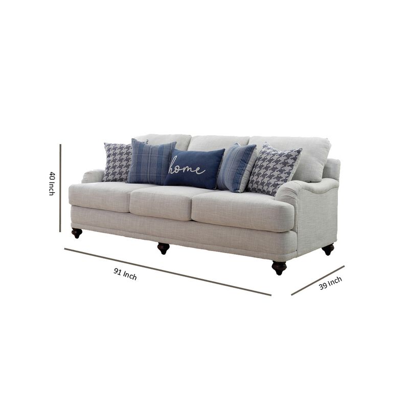 Fabric Upholstered Sofa with Sloped Armrests and Turned Legs, Light Gray - Benzara