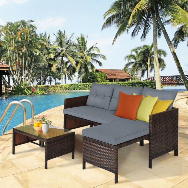 Hivvago 3 Pieces Outdoor Patio Corner Rattan Sofa Set