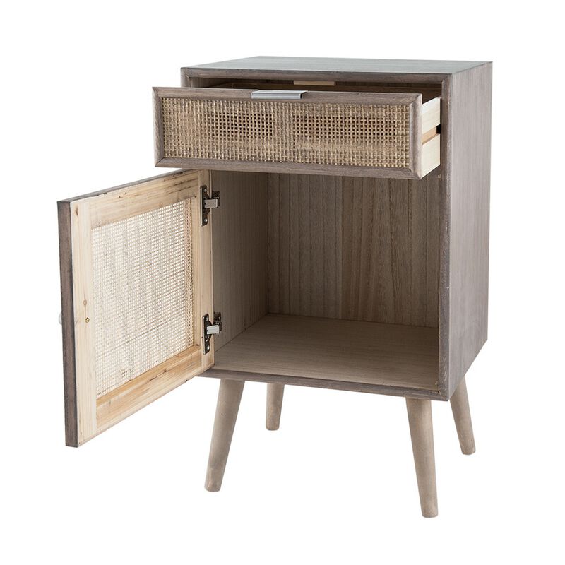 Pia 28 Inch Accent Cabinet, 1 Drawer, Pine Wood, Woven Rattan Door, Brown - Benzara