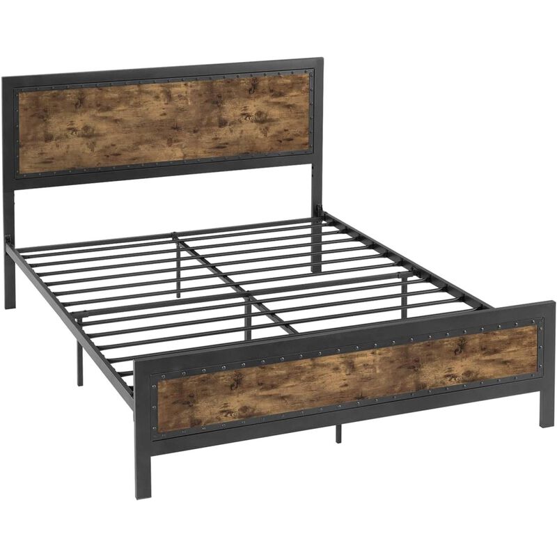 Hivvago Full Industrial Rivet Platform Bed Frame with Headboard in Rustic Wood Finish
