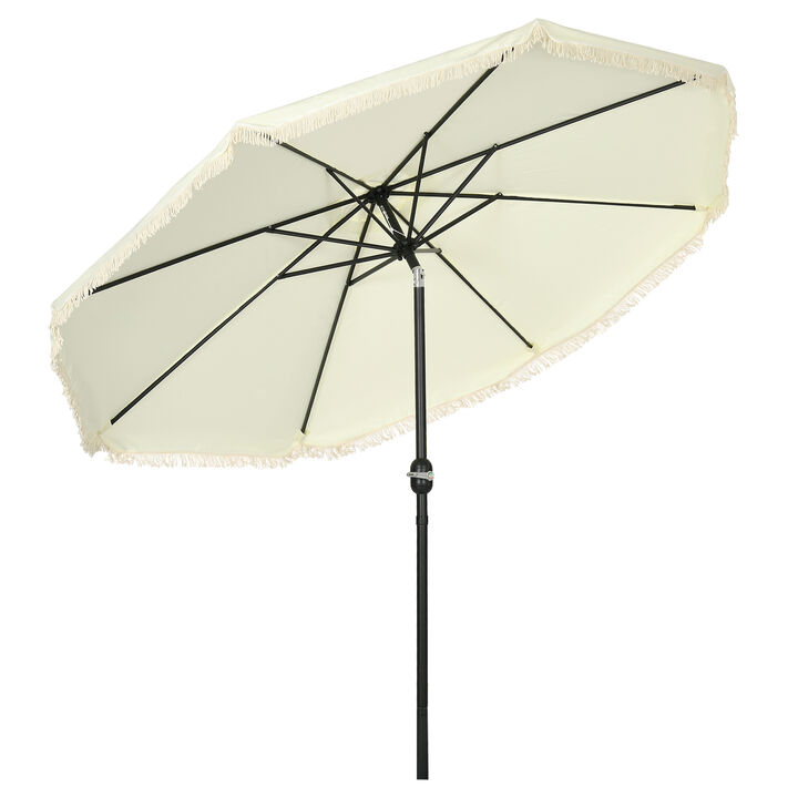 Outsunny 9ft Patio Umbrella with Push Button Tilt and Crank, Ruffled Outdoor Market Table Umbrella with Tassles and 8 Ribs, for Garden, Deck, Pool, Cream White