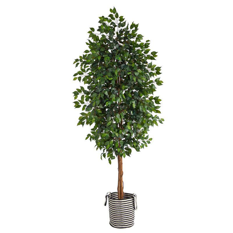 Nearly Natural 8-ft Ficus Tree in Handmade Black & White Natural Jute Planter