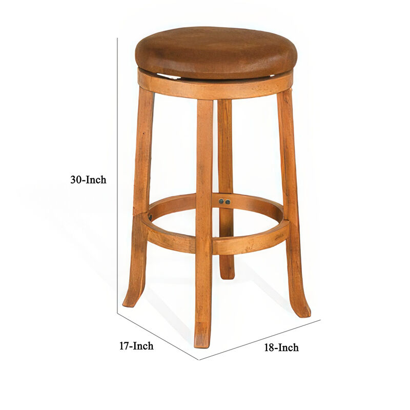 Marv Swivel Barstool Set of 2, Brown Faux Leather, Mahogany Wood - Benzara