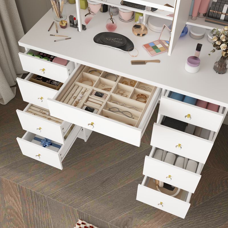 FUFU&GAGA Modern White Makeup Vanity Desk with 9 Drawers, LED Lighted 3 Mirrors, and Hidden Storage Shelves, (43.3 in. L x 19.7 in. W x 53.8 in. H), White