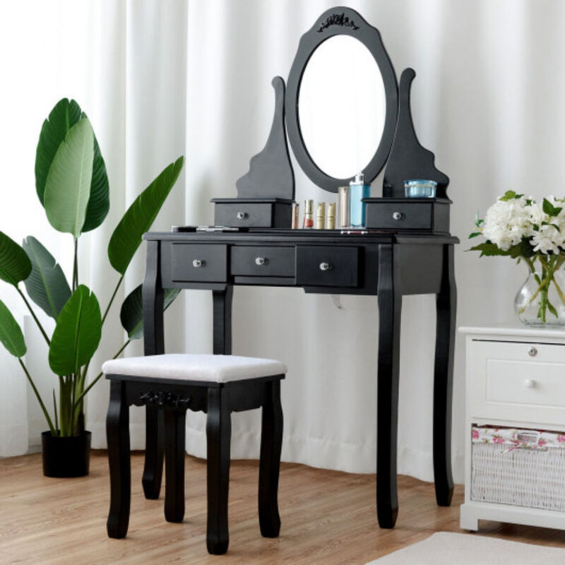 Wooden Vanity Set with 360� Rotating Oval Mirror and Cushioned Stool