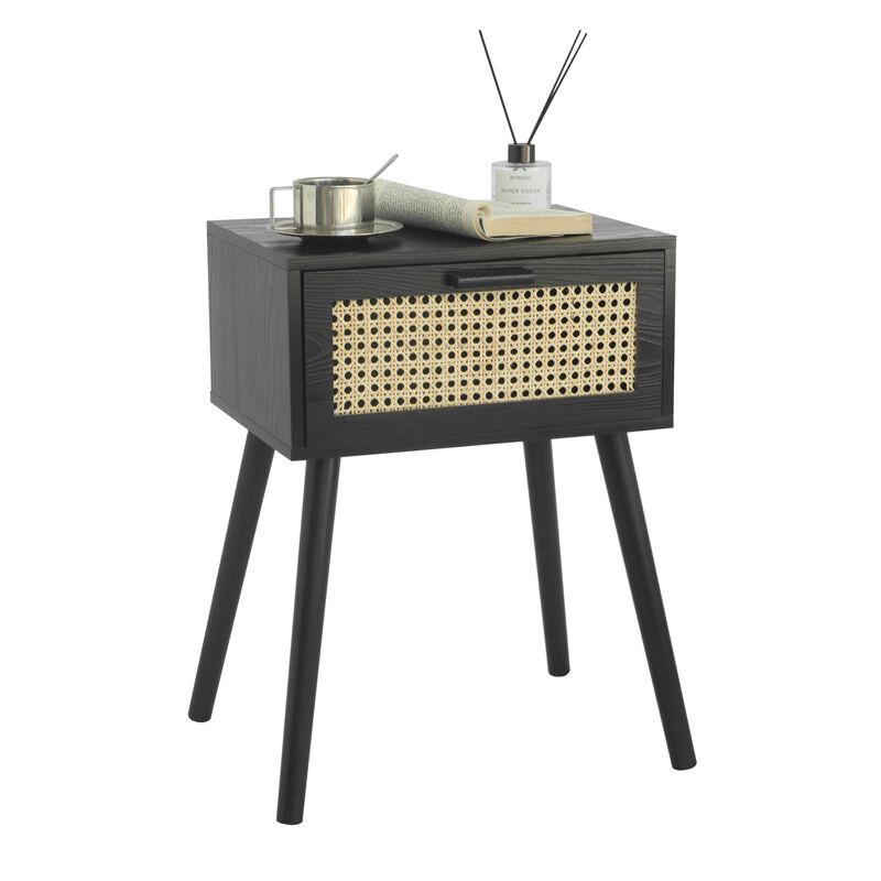AWASEN Mid Century Modern Nightstand, Rattan Side Table with Drawer, Black Bedside Table with Storage and Solid Wood Legs for Li