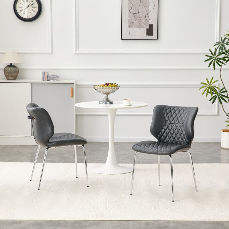 Set of 2 Leather Dining Chairs Square High Back Dining Chairs with Diamond Tufting Retro Dining Chairs with Metal Legs and Back Handle image number 3