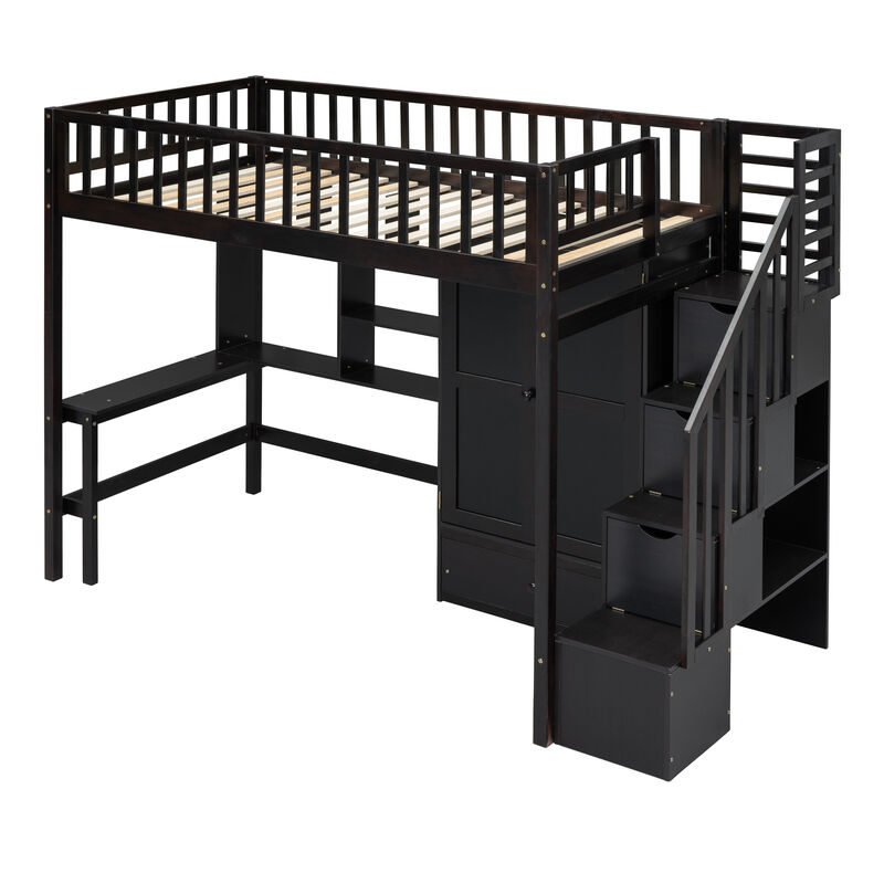 Merax Loft Bed with Bookshelf and Wardrobe