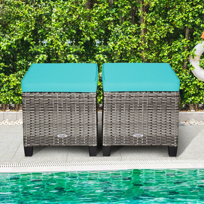 2PCS Patio Rattan Wicker Ottoman Seat with Removable Cushions