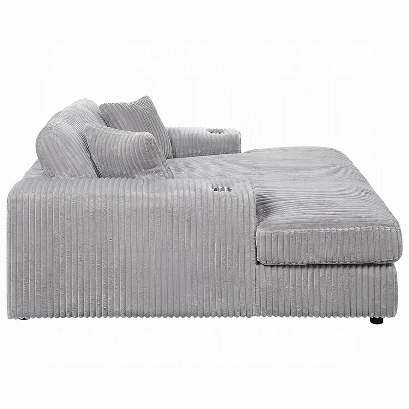 Liny Oversized Chaise, 2 Cupholders, 2 Pillows, Beige Velvet Corduroy - Benzara