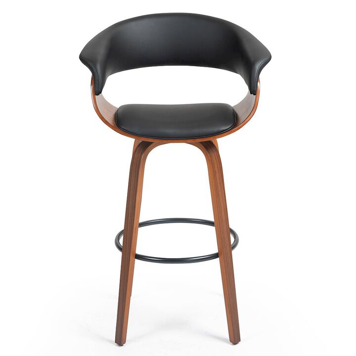 Glamour Home Beale Black Faux Leather Bar Stool with Walnut Wood Accent Legs
