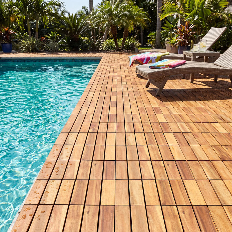 Acacia Wood Interlocking Deck Tiles 54 Piece Set for Outdoor Patio Flooring-Natural image number 4