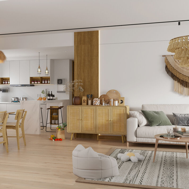 FUFU&GAGA Rattan Sideboard, Modern Buffet Cabinet with 4 Doors, Gold Handles & Solid Wood Legs, Storage Cabinet for Dining Room, Living Room & Entryway (55.1" W x 32.1" H x 13.9" D), Natural Wood